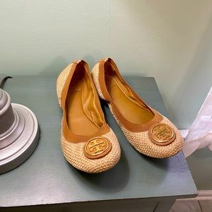 Tory Burch Tan Tweed and Leather Ballet Flats